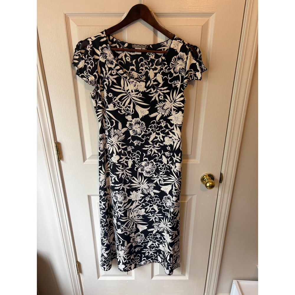 Isabella Bird Silk Midi Dress Womens 6P Black White Floral V-Neck Cap Sleeve
